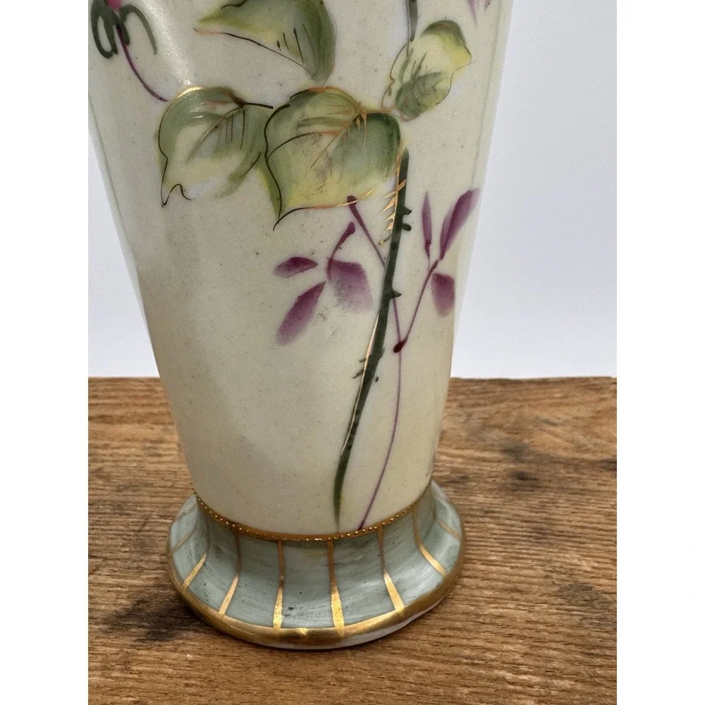 Double Handle Vase Antique Hand Painted Nippon Floral Roses Gold Gilt Porcelain